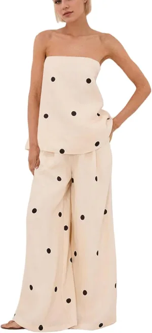 Women 2 Piece Outfits Polka Dot Summer Pants Set Strapless Tube Top High Elastic Waist Wide Leg Pants Lounge Sets