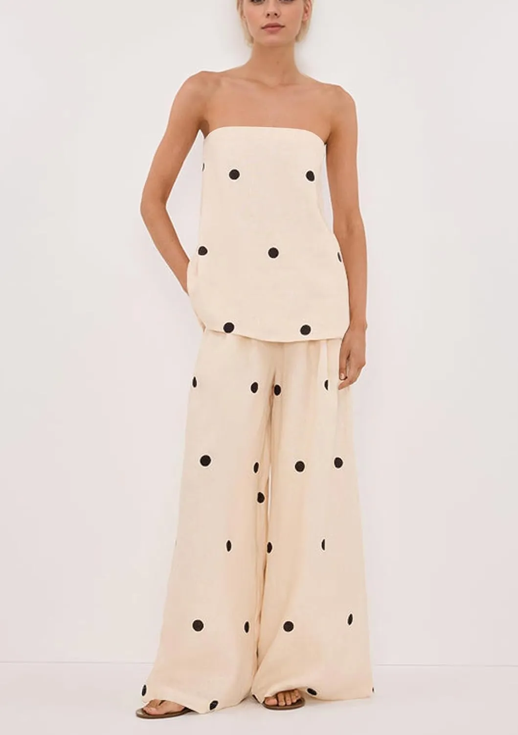 Women 2 Piece Outfits Polka Dot Summer Pants Set Strapless Tube Top High Elastic Waist Wide Leg Pants Lounge Sets