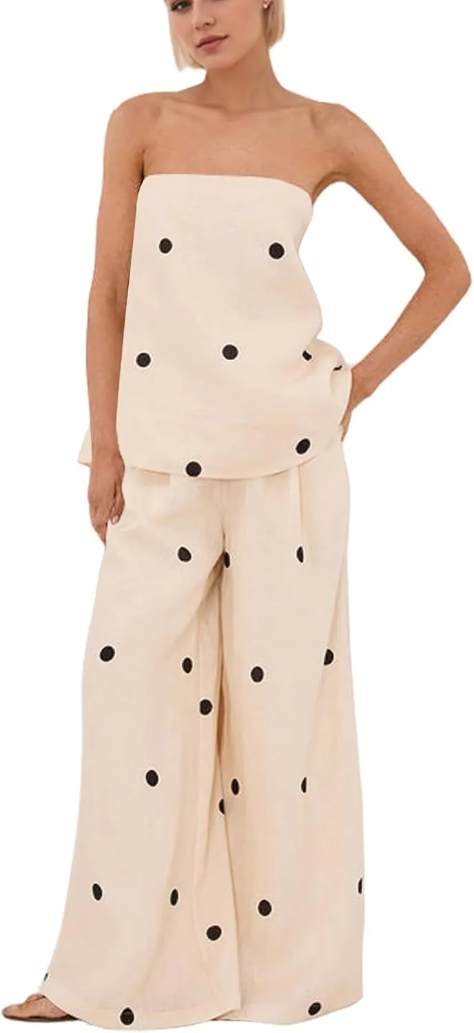 Women 2 Piece Outfits Polka Dot Summer Pants Set Strapless Tube Top High Elastic Waist Wide Leg Pants Lounge Sets