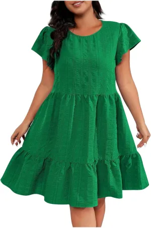 Women Dresses 2024 Puff Short Sleeve Crew Neck Textured Casual Tiered Ruffle A-Line Swing Mini Babydoll Dress Plus Size