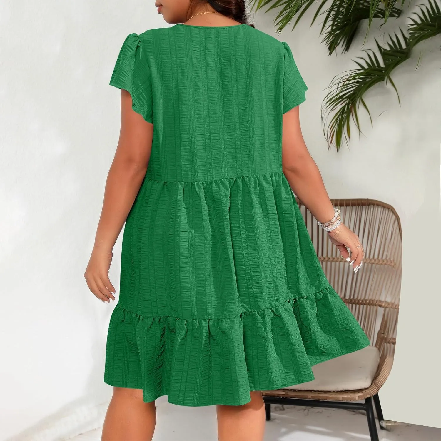 Women Dresses 2024 Puff Short Sleeve Crew Neck Textured Casual Tiered Ruffle A-Line Swing Mini Babydoll Dress Plus Size
