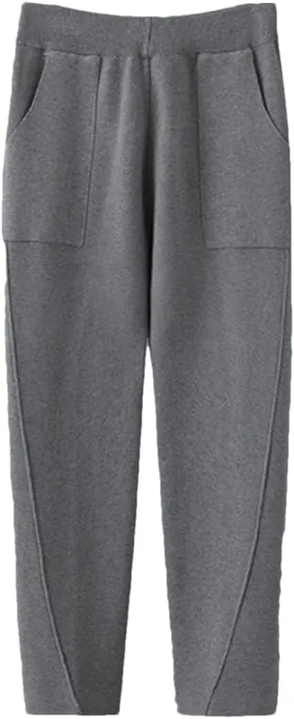 Women Fall Winter Knit Harem Pants High Waist Elastic Casual Solid Ankle Length Trousers with Pockets