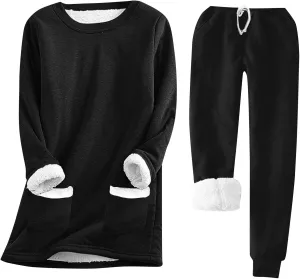 Women Fleece Thicken Loungewear Suit Solid Color Long Sleeve Pullover Drawstring Pants Winter Warm Velvet Pajamas Set