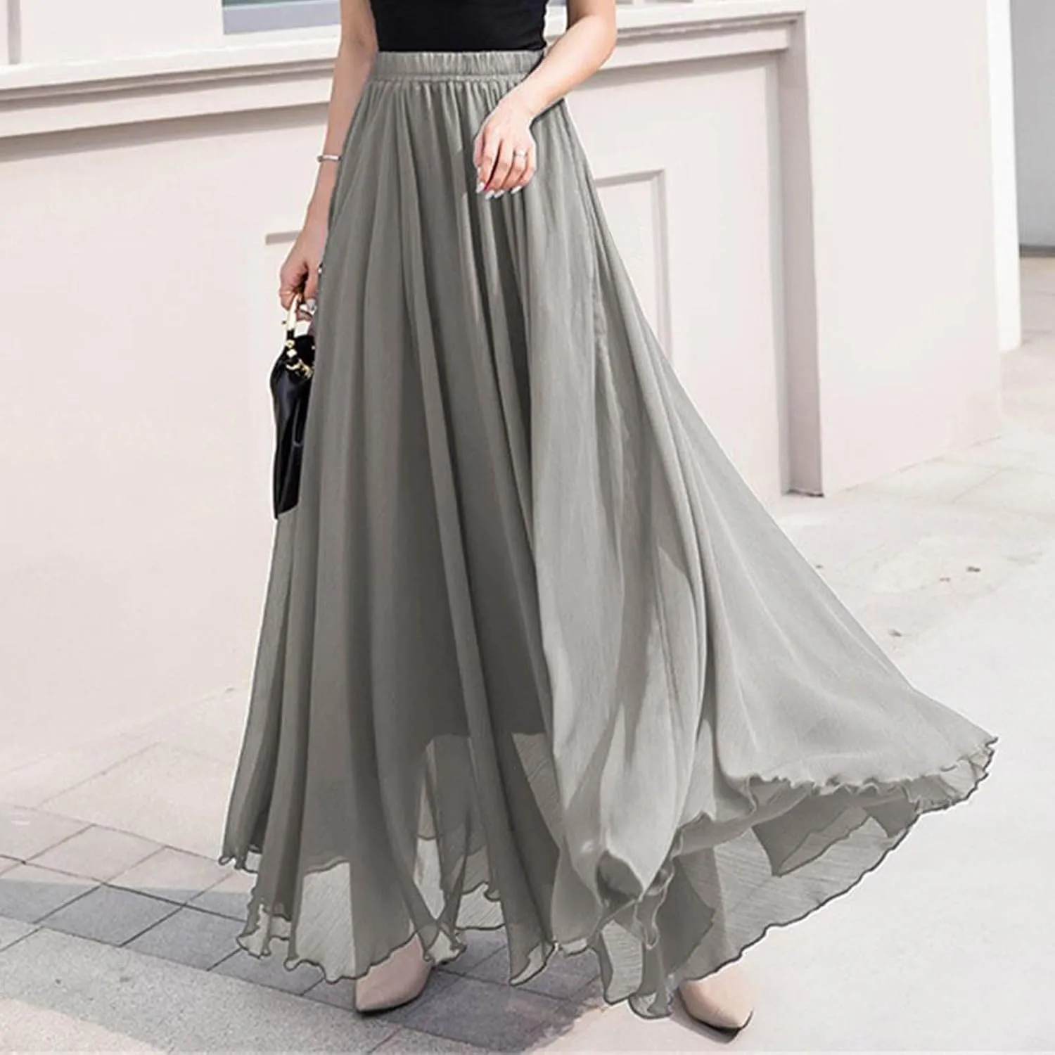 Women High Elastic Waist Pleated Chiffon Skirt Midi Swing A-line Skirts Retro Long Maxi Dress Summer Beach Dresses