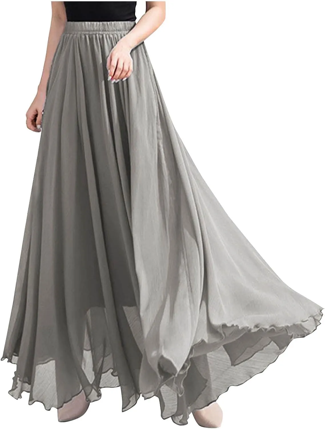 Women High Elastic Waist Pleated Chiffon Skirt Midi Swing A-line Skirts Retro Long Maxi Dress Summer Beach Dresses