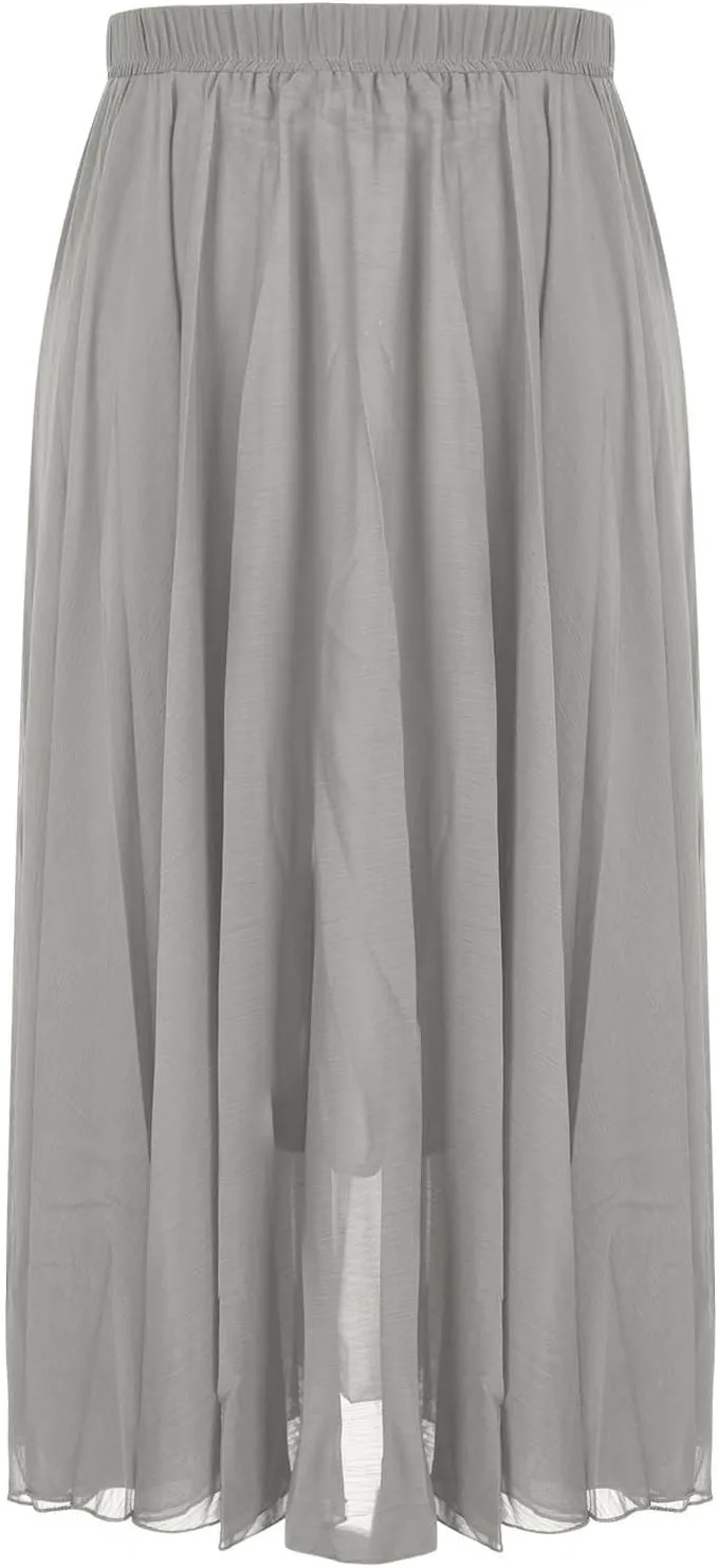 Women High Elastic Waist Pleated Chiffon Skirt Midi Swing A-line Skirts Retro Long Maxi Dress Summer Beach Dresses