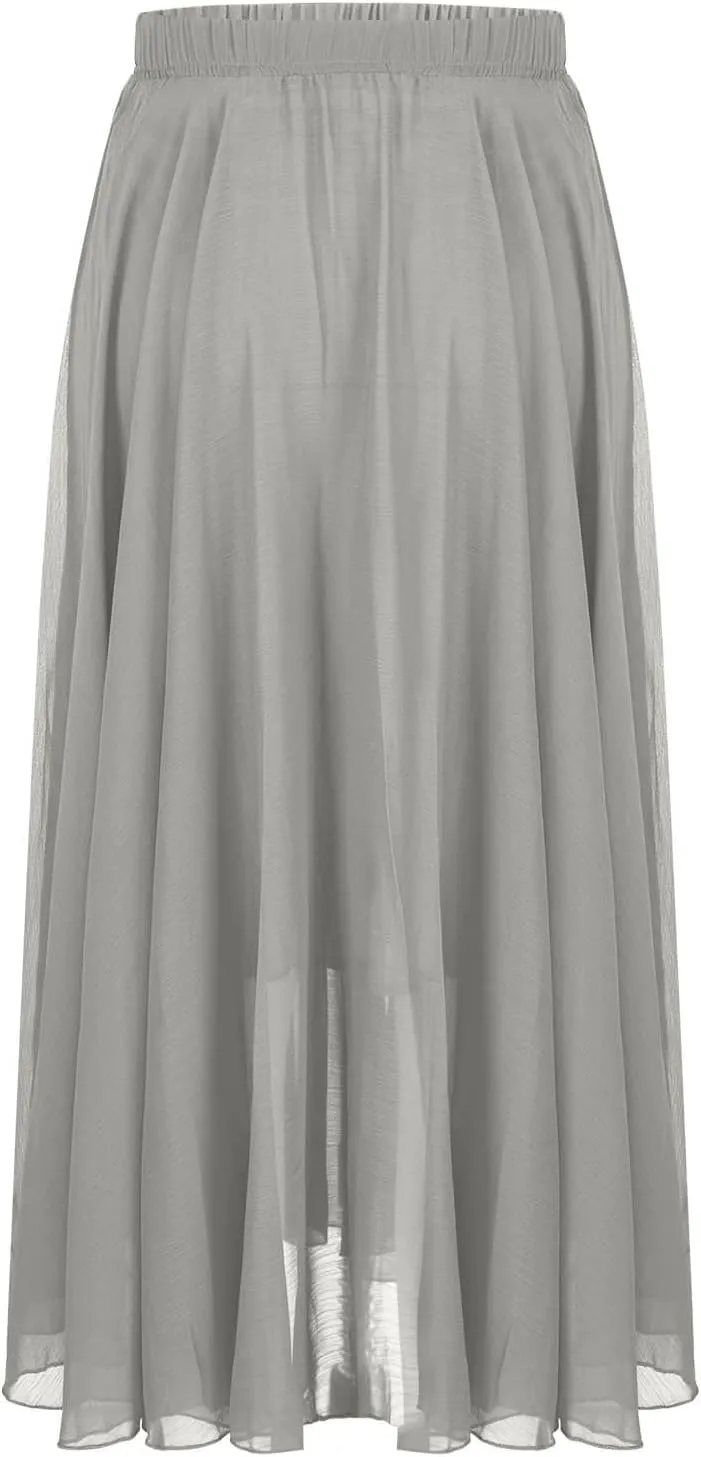 Women High Elastic Waist Pleated Chiffon Skirt Midi Swing A-line Skirts Retro Long Maxi Dress Summer Beach Dresses