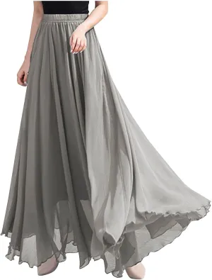 Women High Elastic Waist Pleated Chiffon Skirt Midi Swing A-line Skirts Retro Long Maxi Dress Summer Beach Dresses