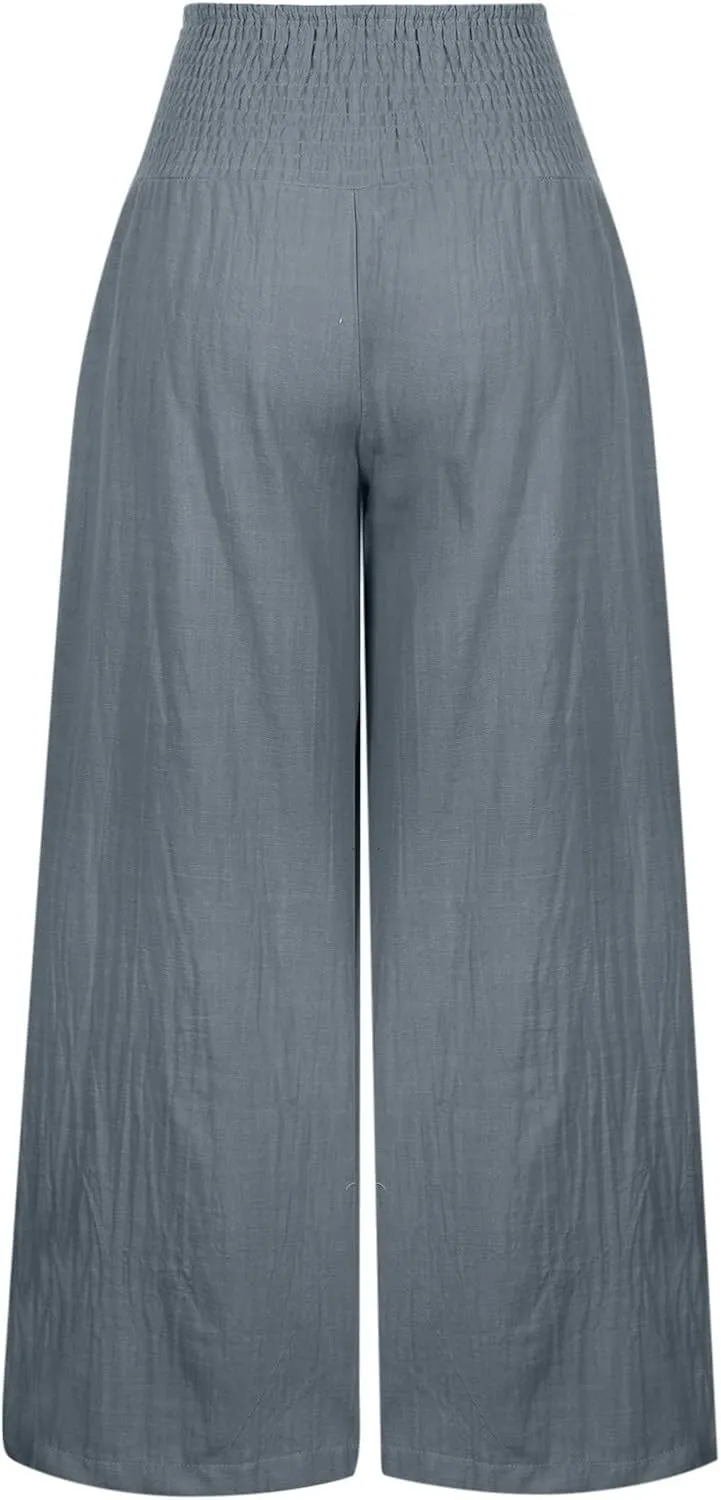 Women Linen Palazzo Pants Summer Boho Wide Leg High Waist Casual Lounge Pant 2024 Beach Travel Vacation Outfits