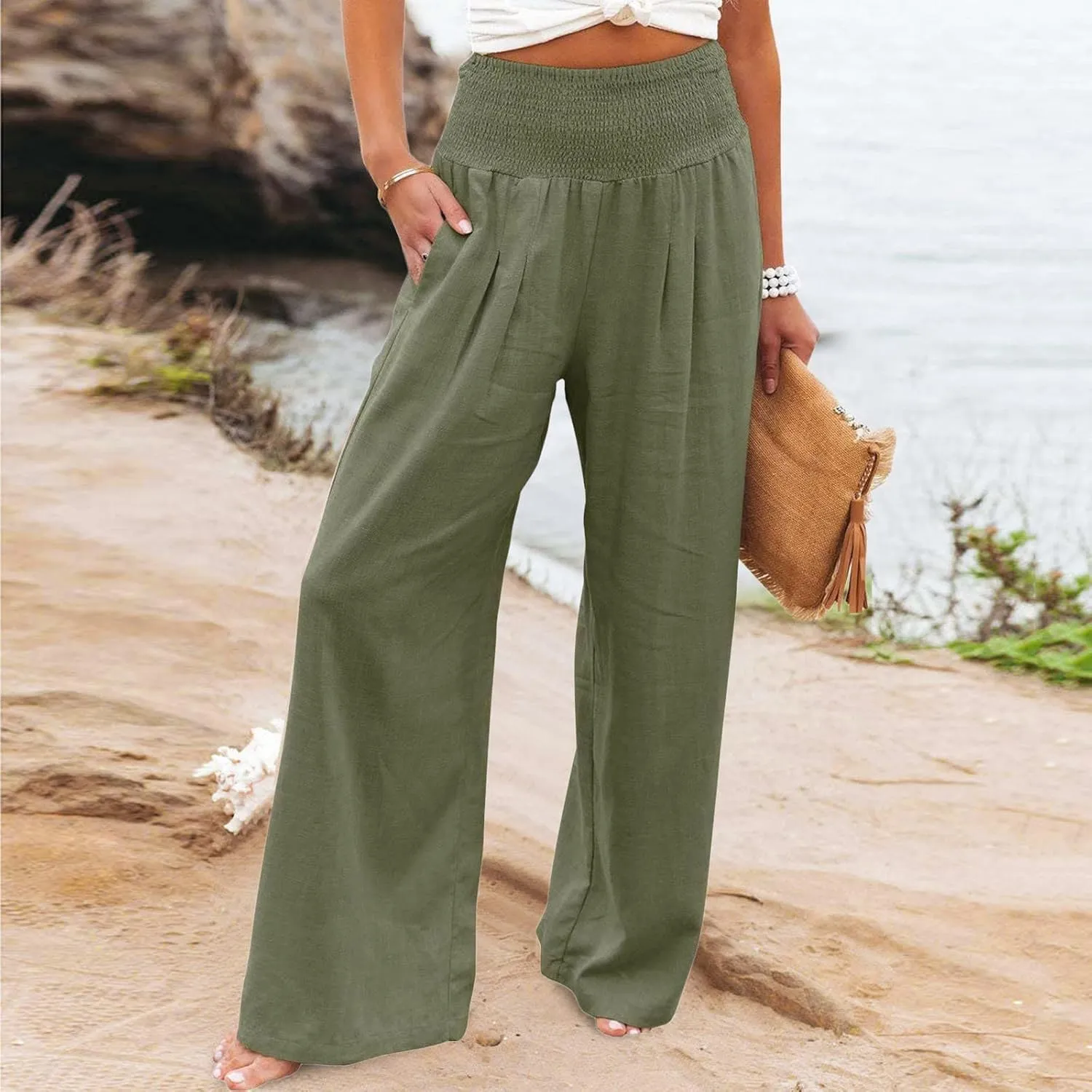 Women Linen Palazzo Pants Summer Boho Wide Leg High Waist Casual Lounge Pant 2024 Beach Travel Vacation Outfits