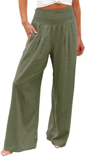 Women Linen Palazzo Pants Summer Boho Wide Leg High Waist Casual Lounge Pant 2024 Beach Travel Vacation Outfits