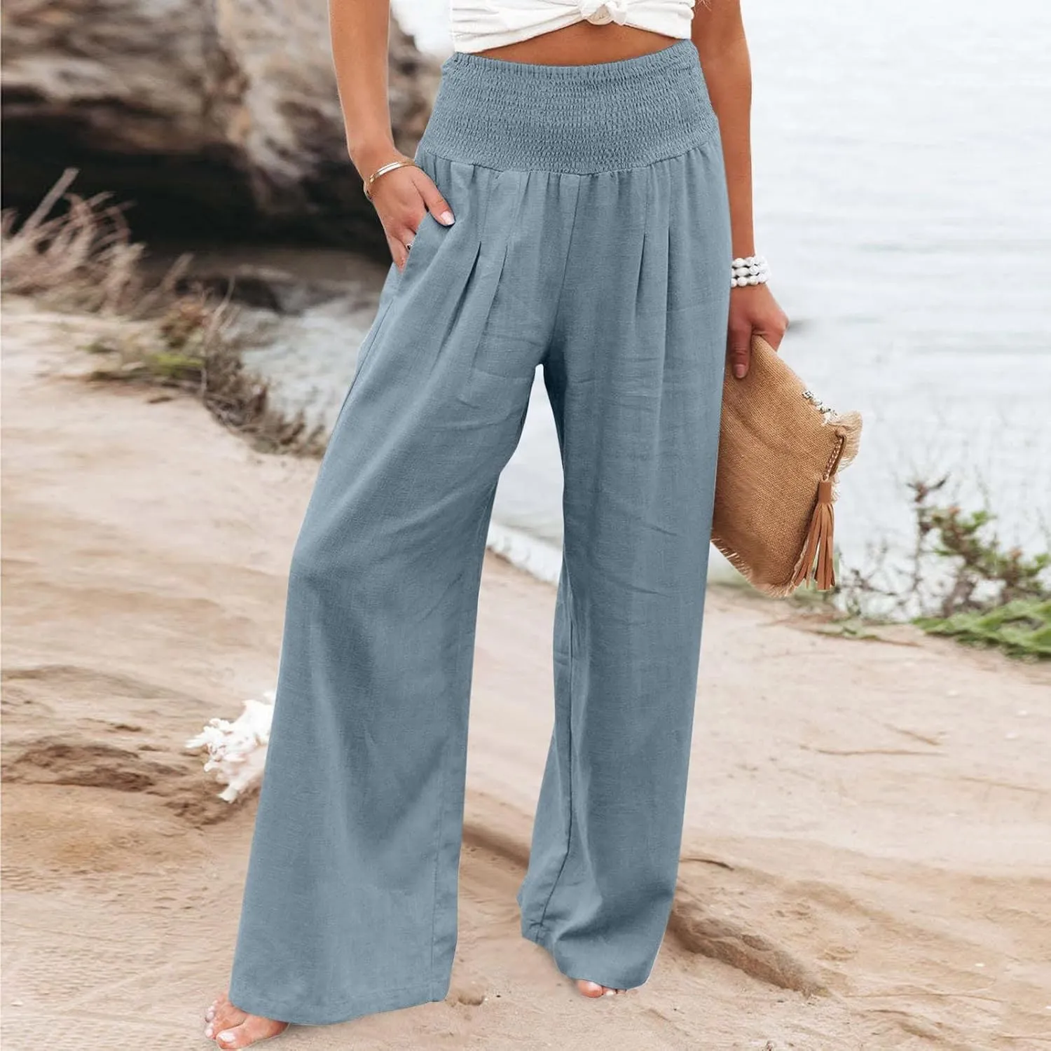 Women Linen Palazzo Pants Summer Boho Wide Leg High Waist Casual Lounge Pant 2024 Beach Travel Vacation Outfits