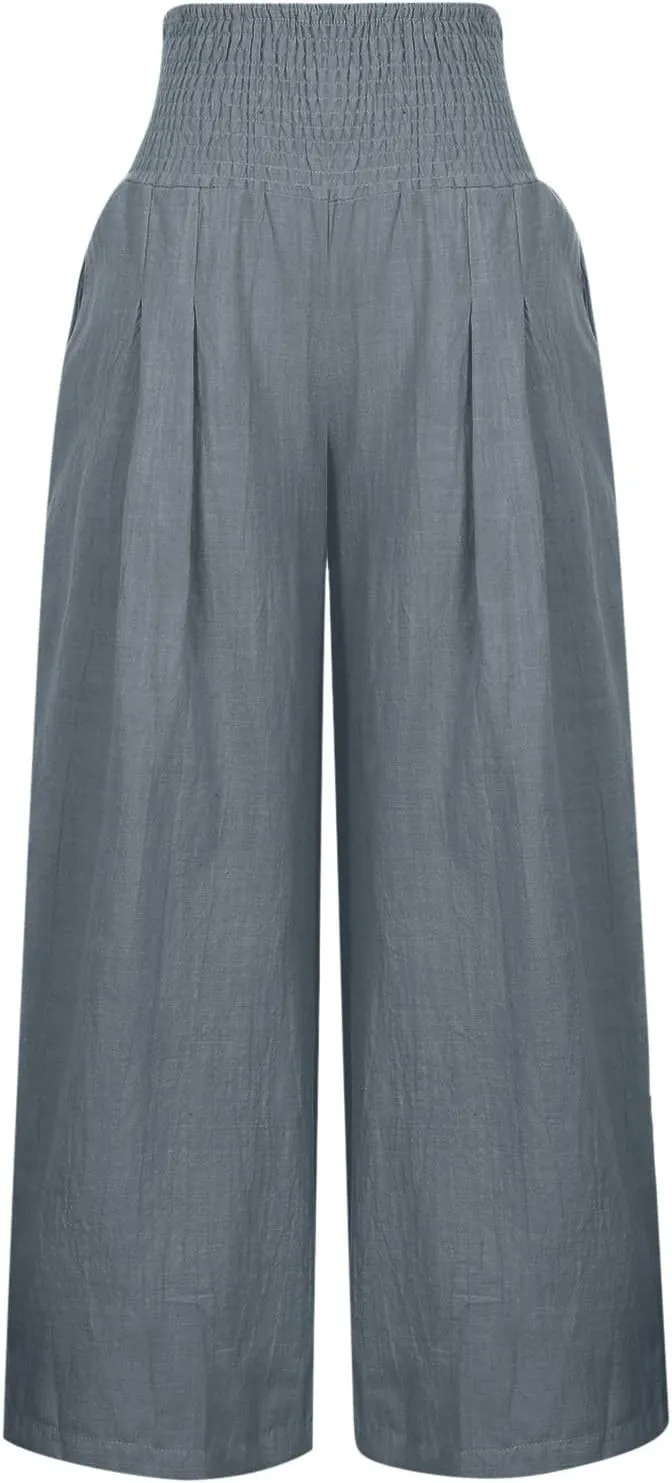 Women Linen Palazzo Pants Summer Boho Wide Leg High Waist Casual Lounge Pant 2024 Beach Travel Vacation Outfits