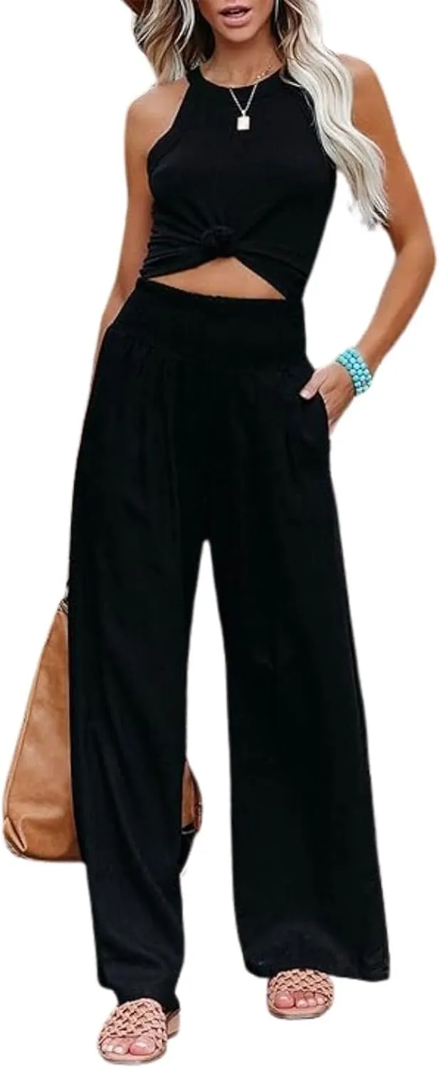 Women Linen Palazzo Pants Summer Boho Wide Leg High Waist Casual Lounge Pant 2024 Beach Travel Vacation Outfits