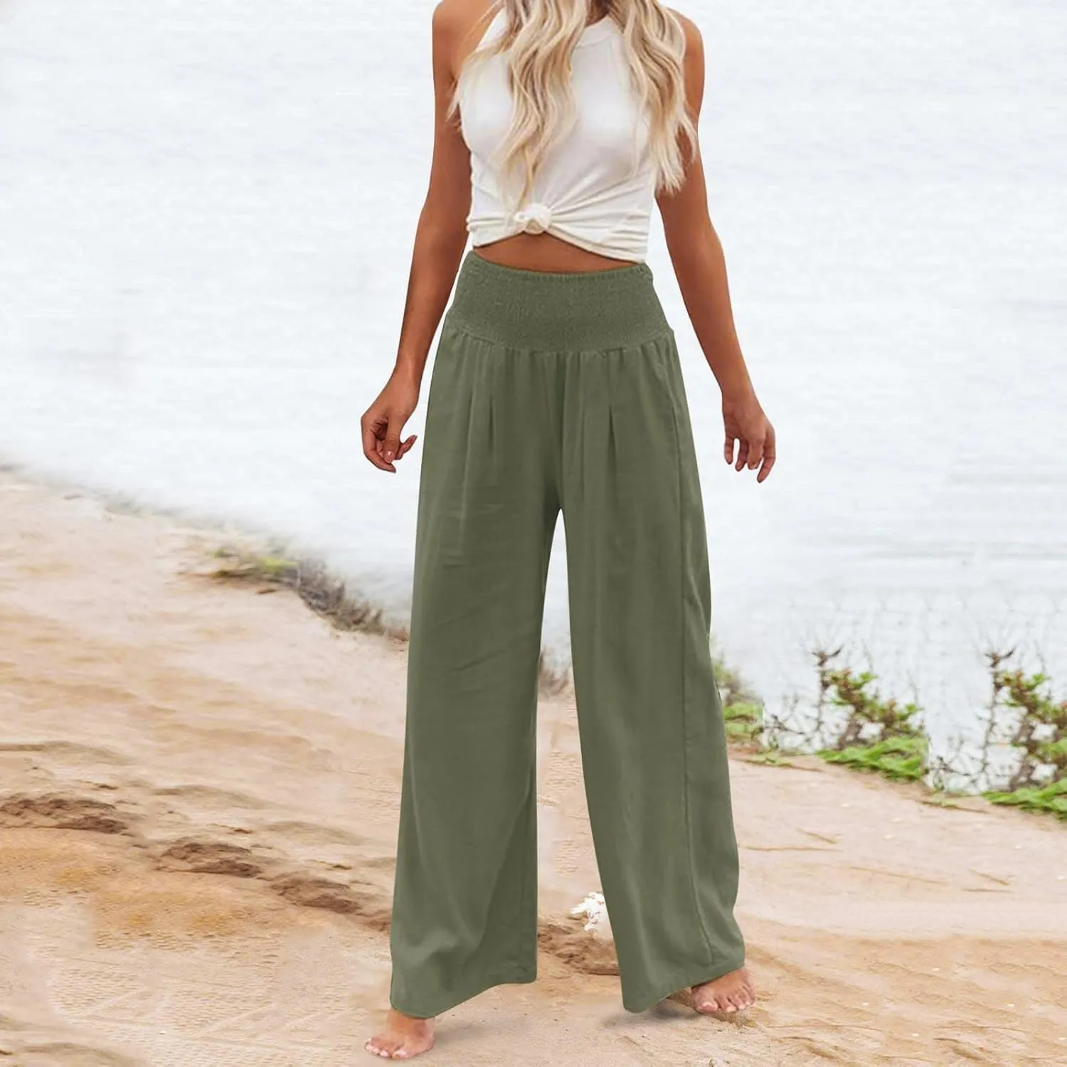 Women Linen Palazzo Pants Summer Boho Wide Leg High Waist Casual Lounge Pant 2024 Beach Travel Vacation Outfits
