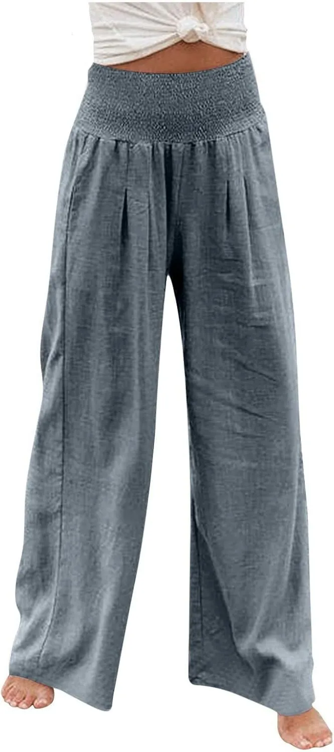 Women Linen Palazzo Pants Summer Boho Wide Leg High Waist Casual Lounge Pant 2024 Beach Travel Vacation Outfits