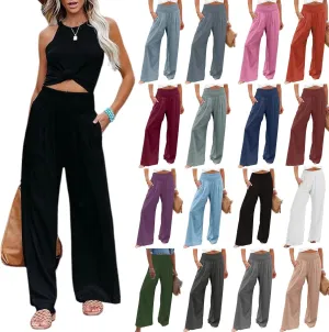 Women Linen Palazzo Pants Summer Boho Wide Leg High Waist Casual Lounge Pant 2024 Beach Travel Vacation Outfits