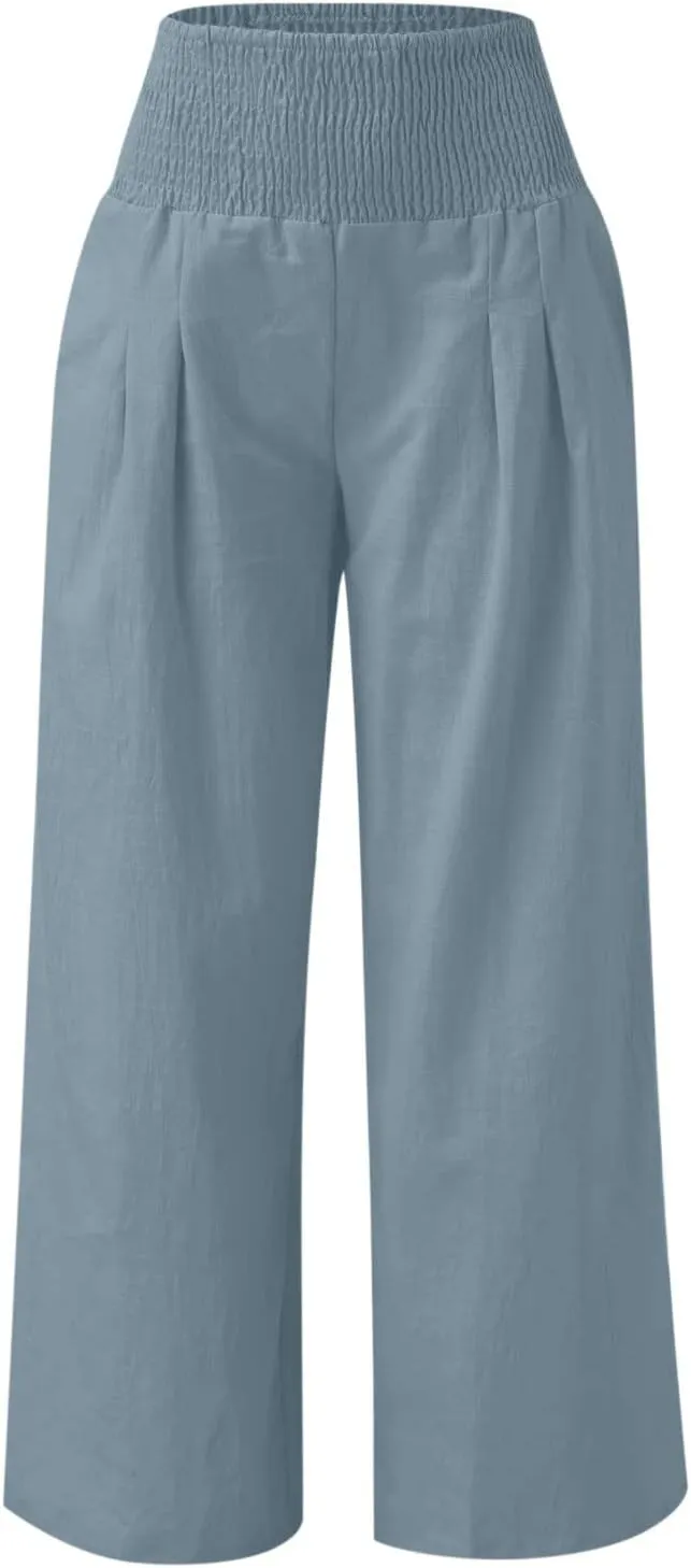 Women Linen Palazzo Pants Summer Boho Wide Leg High Waist Casual Lounge Pant 2024 Beach Travel Vacation Outfits