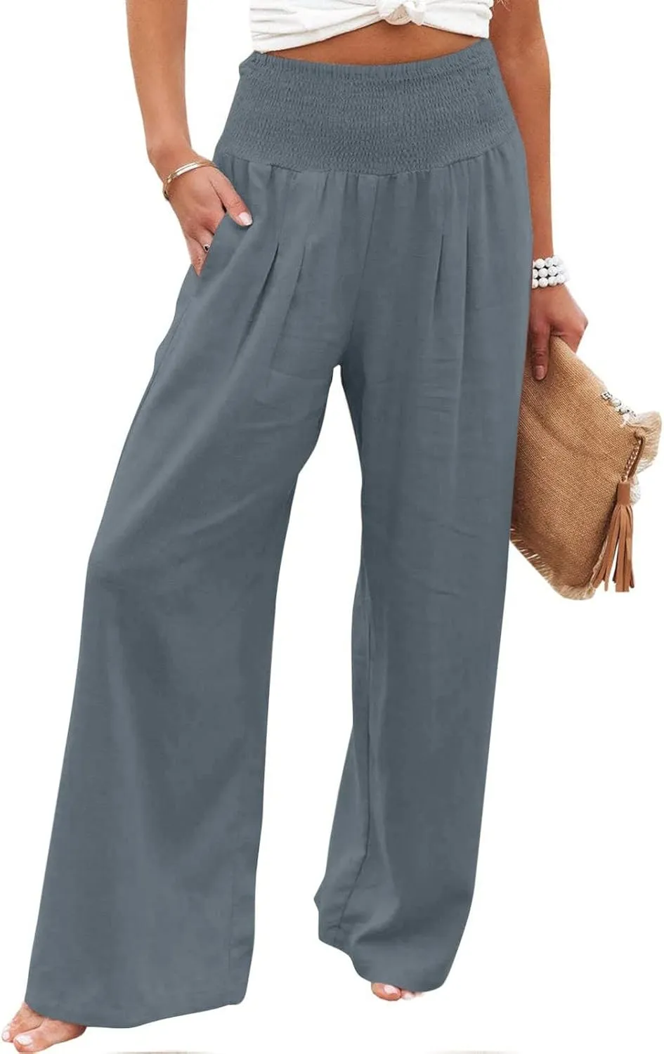 Women Linen Palazzo Pants Summer Boho Wide Leg High Waist Casual Lounge Pant 2024 Beach Travel Vacation Outfits