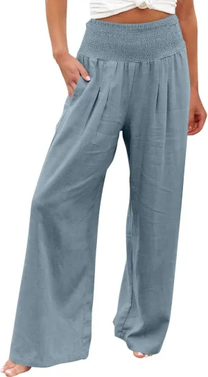 Women Linen Palazzo Pants Summer Boho Wide Leg High Waist Casual Lounge Pant 2024 Beach Travel Vacation Outfits