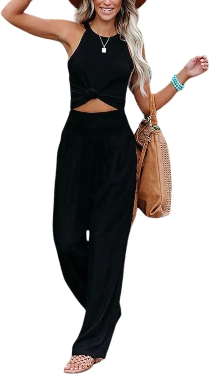 Women Linen Palazzo Pants Summer Boho Wide Leg High Waist Casual Lounge Pant 2024 Beach Travel Vacation Outfits