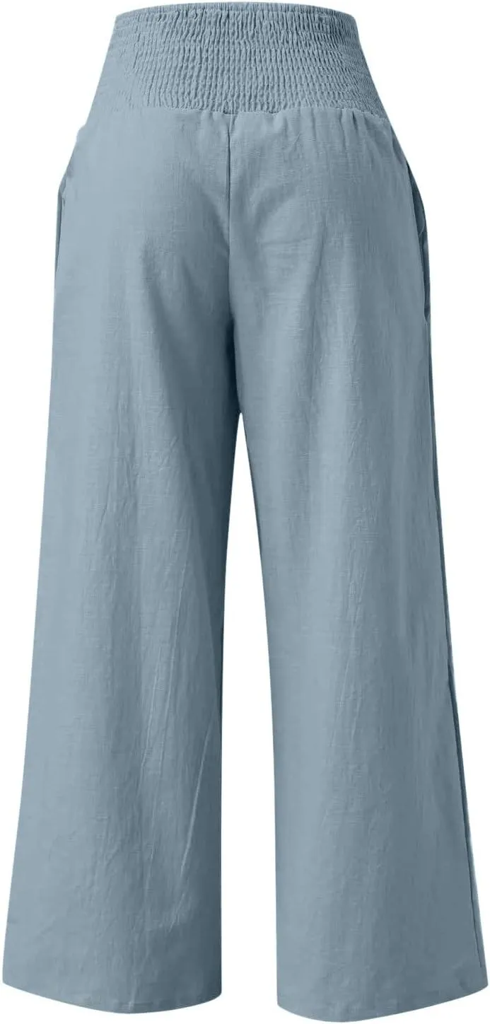 Women Linen Palazzo Pants Summer Boho Wide Leg High Waist Casual Lounge Pant 2024 Beach Travel Vacation Outfits