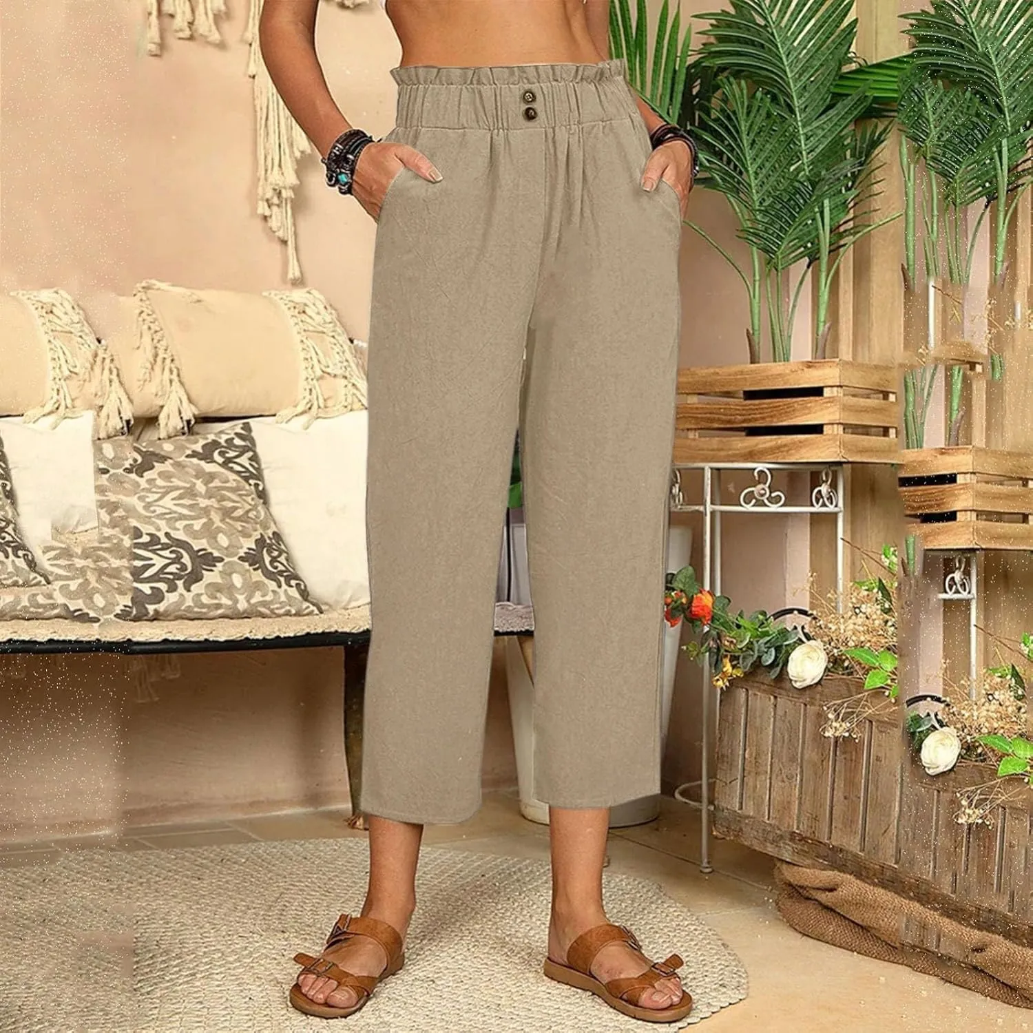 Women Linen Summer Loose Pants High Waist Stretchy Straight Loose Fit Trousers Business Work
