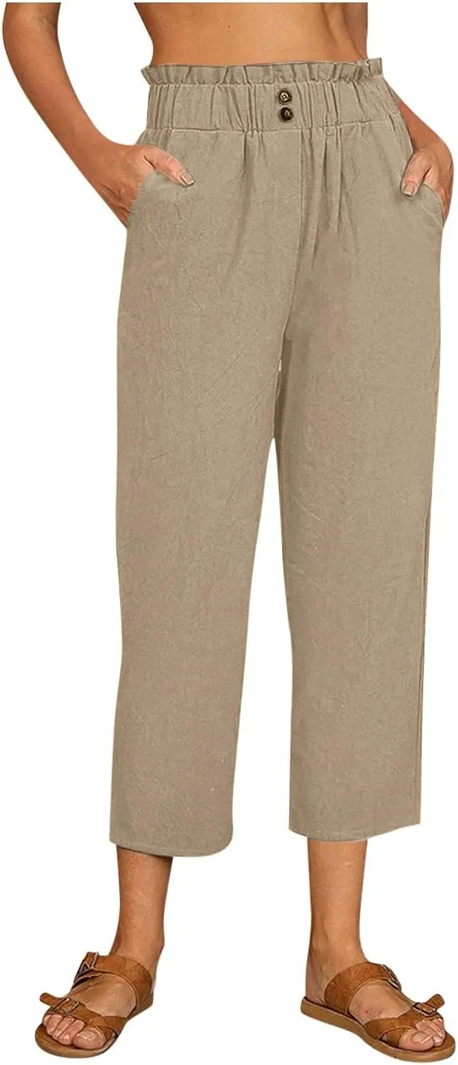 Women Linen Summer Loose Pants High Waist Stretchy Straight Loose Fit Trousers Business Work