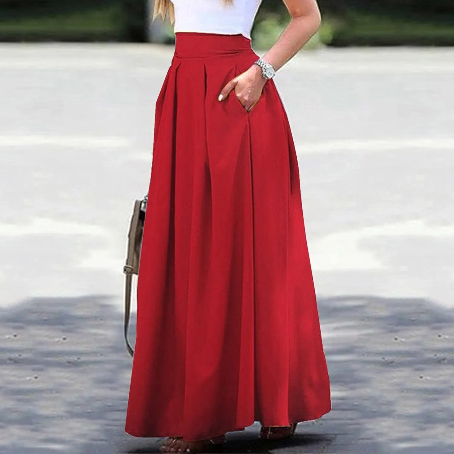 Women Midi Skirt Vintage Elastic High Waisted Pleated Skirt with Pockets A-Line Elegant Loose Business Work Midi Skirt