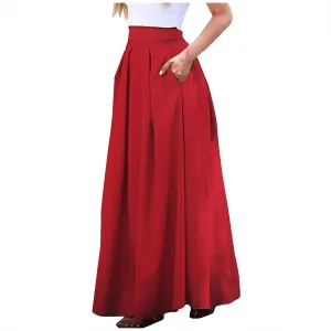 Women Midi Skirt Vintage Elastic High Waisted Pleated Skirt with Pockets A-Line Elegant Loose Business Work Midi Skirt