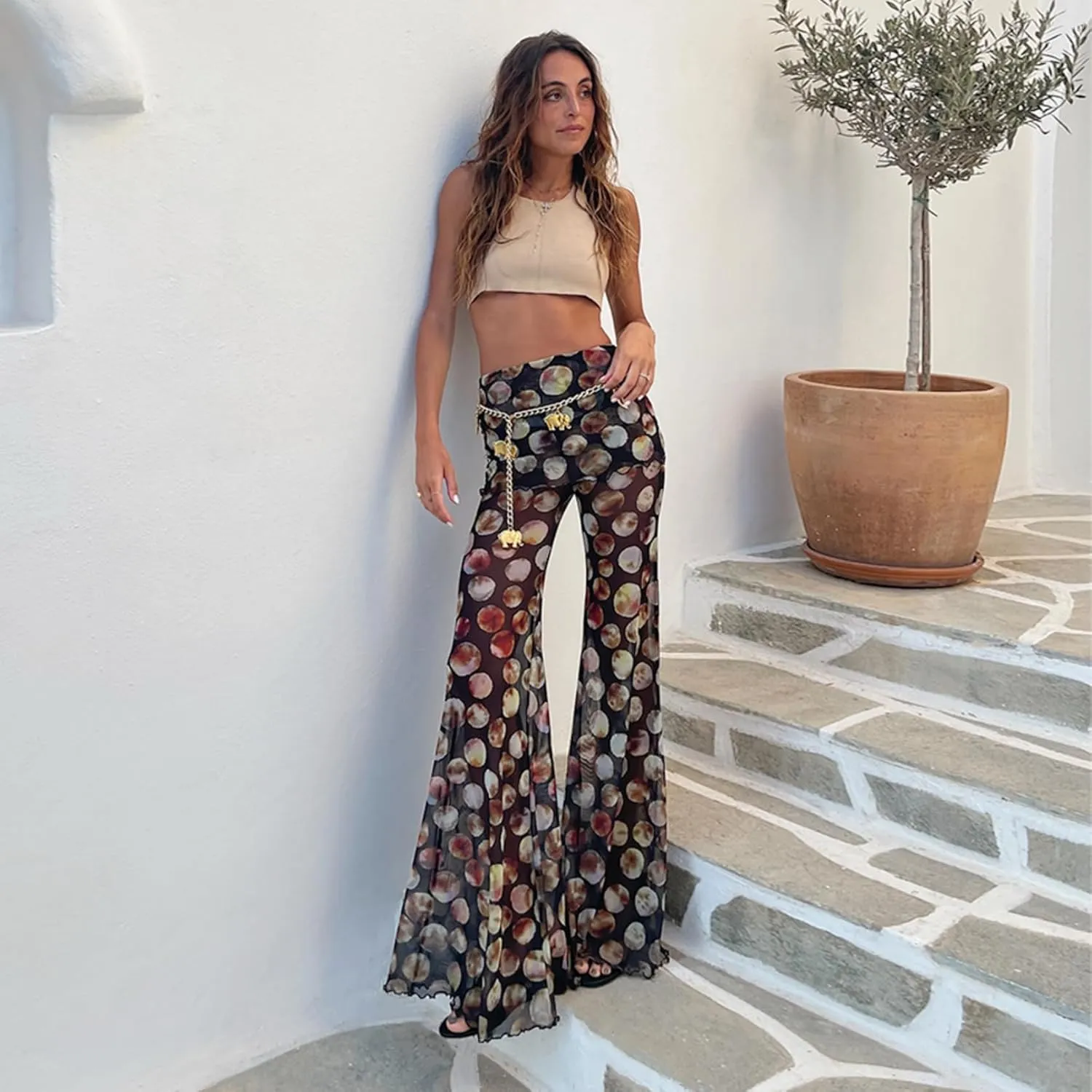 Women Rave Mesh Sheer Pants Flared Bell Bottom Pants for Dance Festival Clubwear