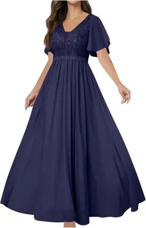 Women Sequins Mesh Formal Dress Pleated A-Line Evening Gown Short Sleeve V Neck Bridesmaids Empire Waist Swing Dress
