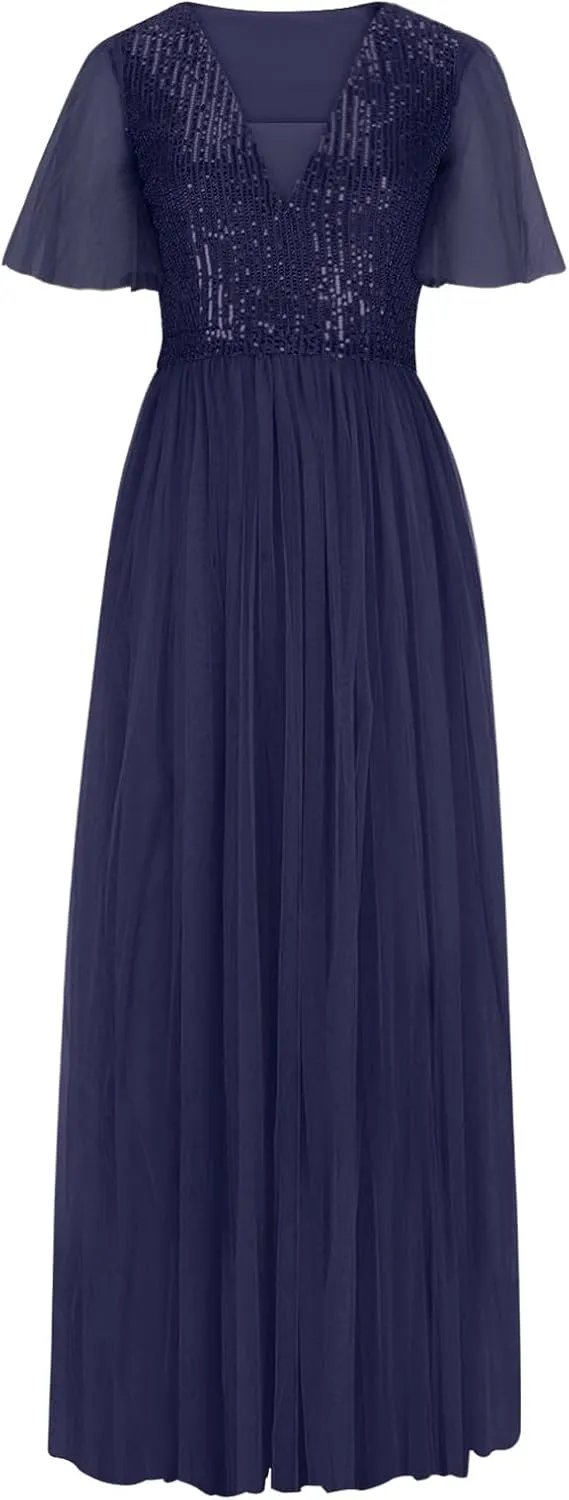 Women Sequins Mesh Formal Dress Pleated A-Line Evening Gown Short Sleeve V Neck Bridesmaids Empire Waist Swing Dress