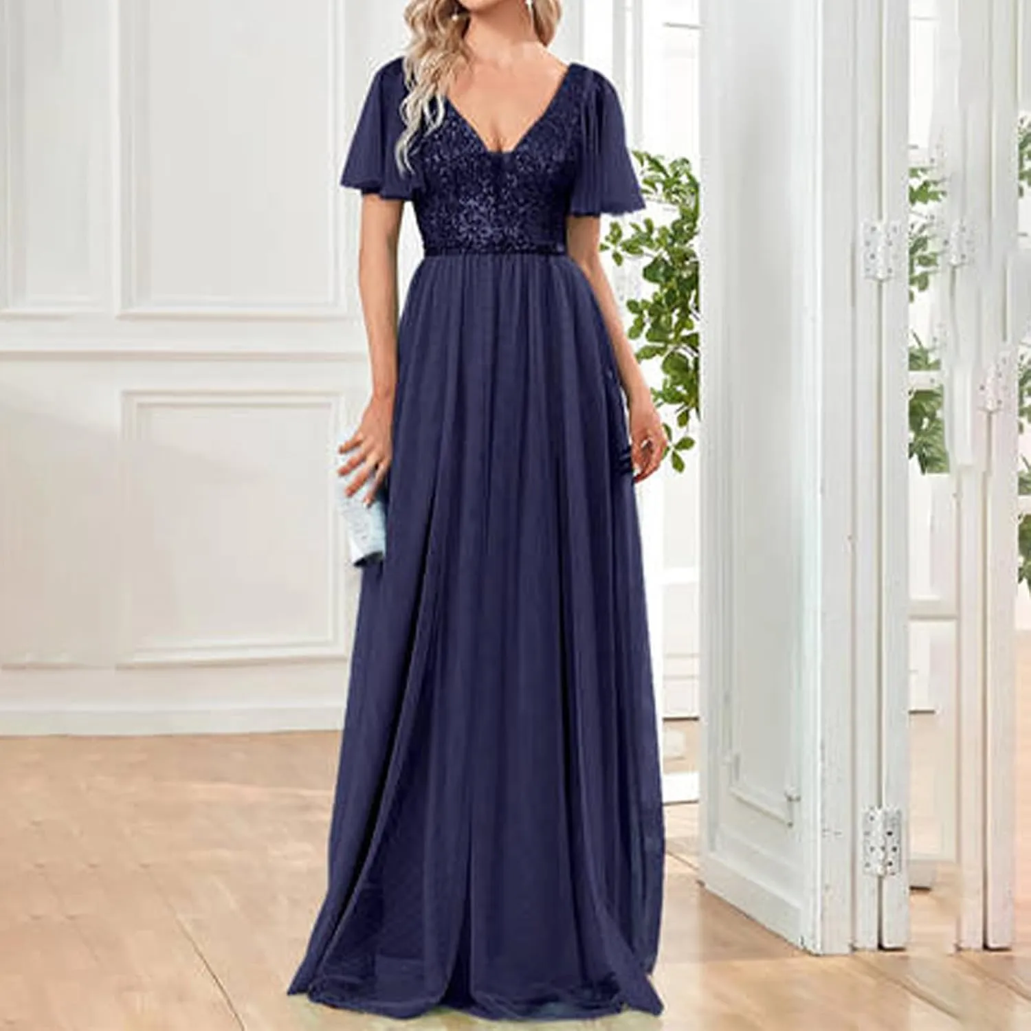 Women Sequins Mesh Formal Dress Pleated A-Line Evening Gown Short Sleeve V Neck Bridesmaids Empire Waist Swing Dress