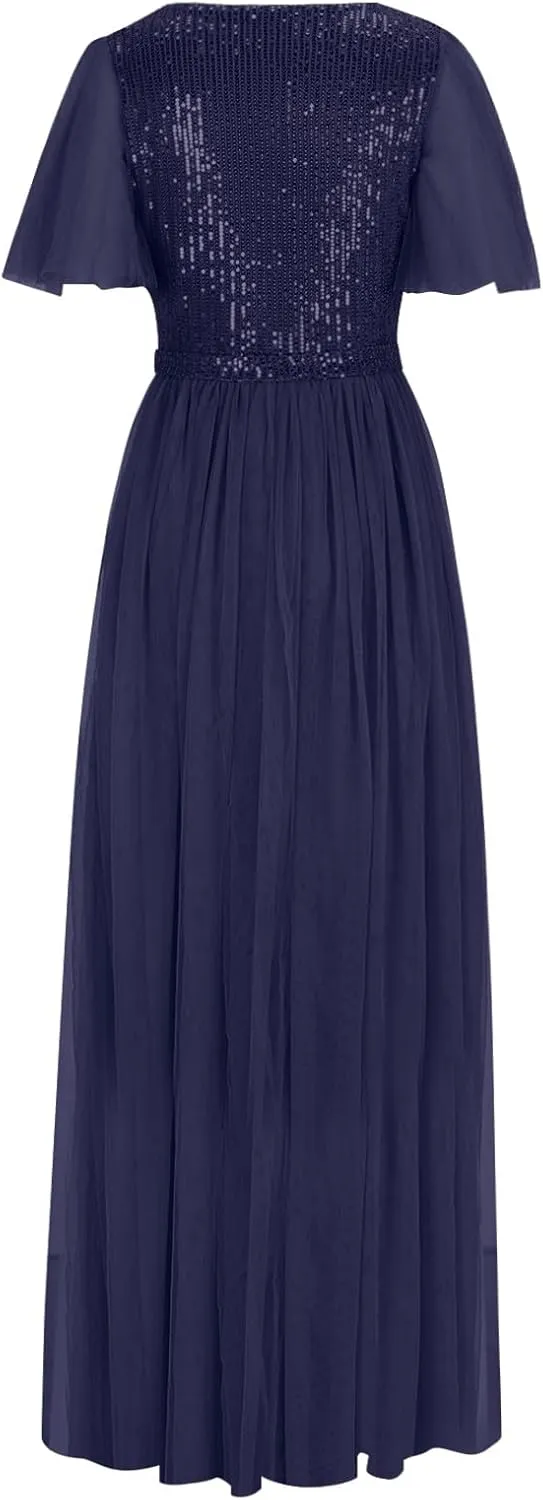 Women Sequins Mesh Formal Dress Pleated A-Line Evening Gown Short Sleeve V Neck Bridesmaids Empire Waist Swing Dress