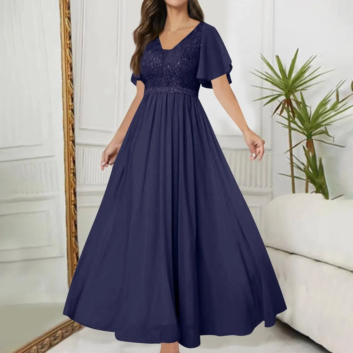 Women Sequins Mesh Formal Dress Pleated A-Line Evening Gown Short Sleeve V Neck Bridesmaids Empire Waist Swing Dress