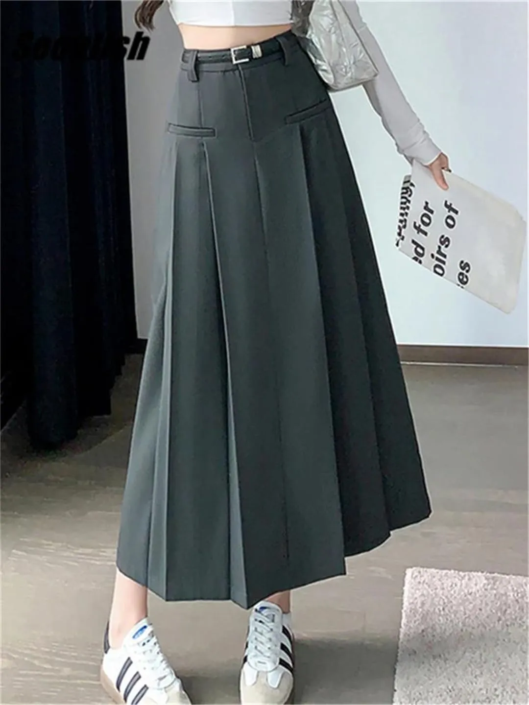 Women Solid Pleated Long Skirts with Belted Korean High Waist A-Line Skirts