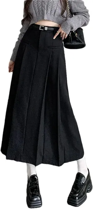 Women Solid Pleated Long Skirts with Belted Korean High Waist A-Line Skirts