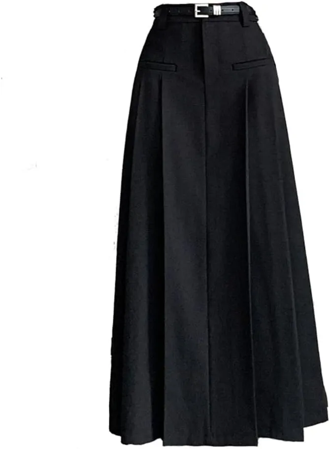 Women Solid Pleated Long Skirts with Belted Korean High Waist A-Line Skirts