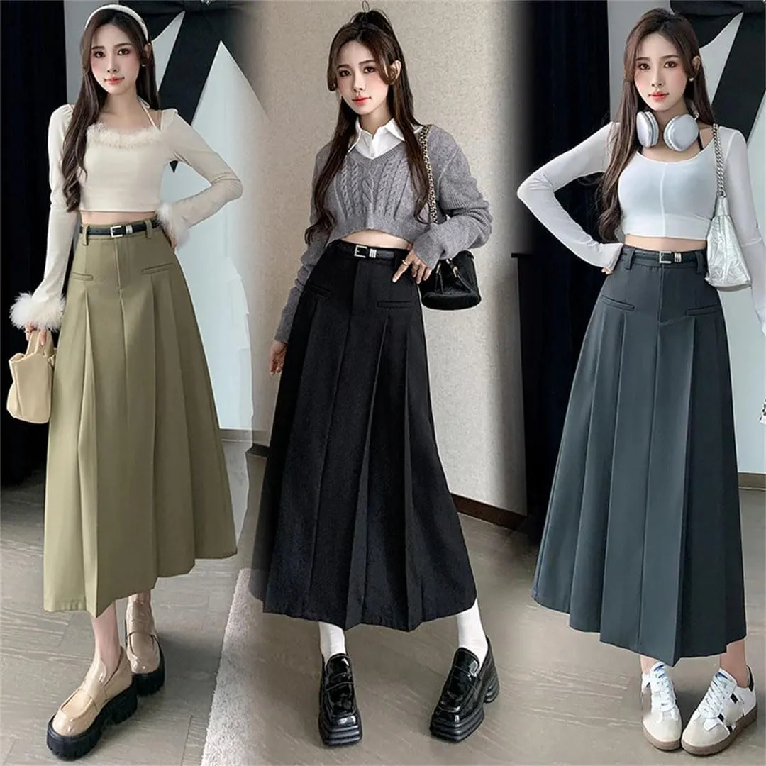 Women Solid Pleated Long Skirts with Belted Korean High Waist A-Line Skirts