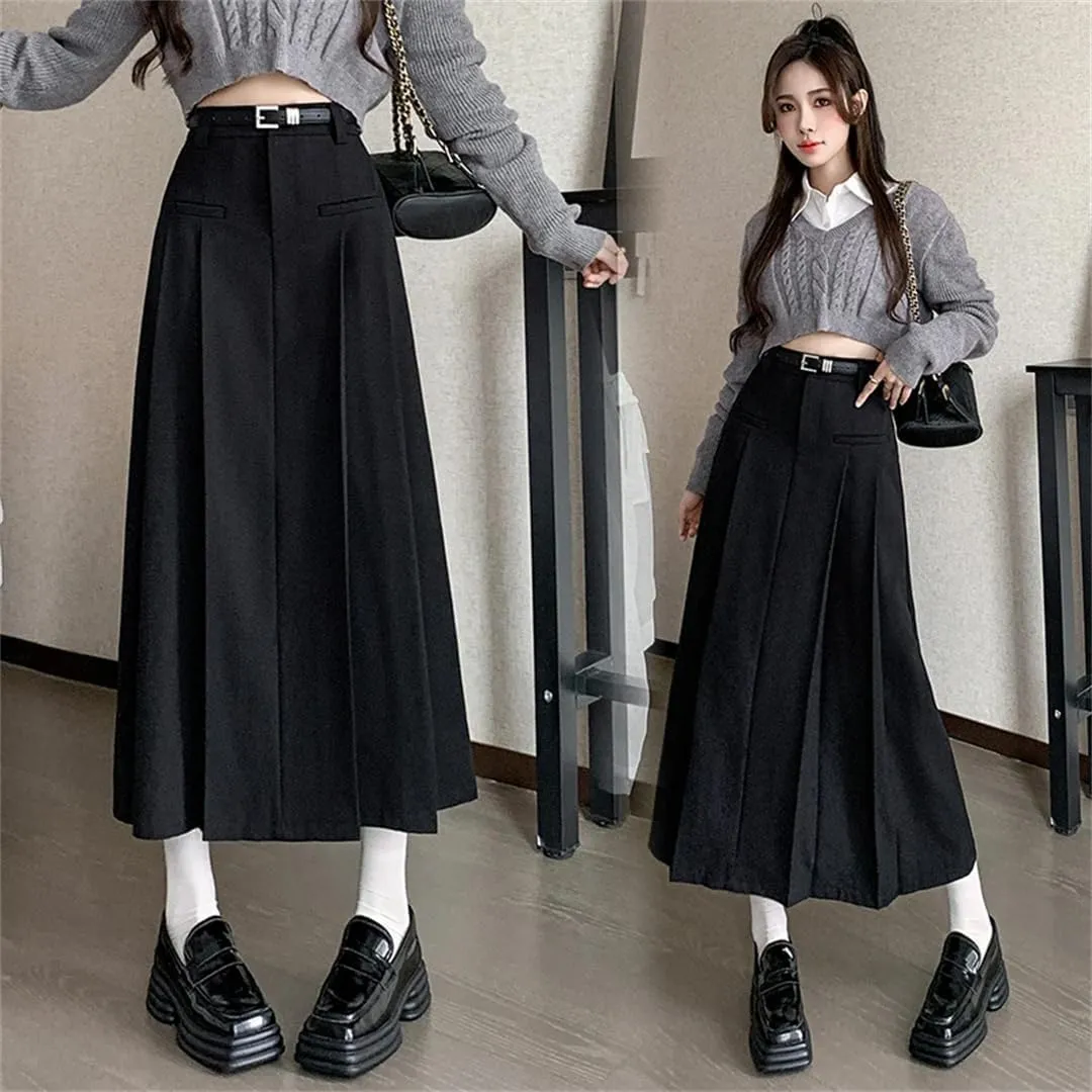 Women Solid Pleated Long Skirts with Belted Korean High Waist A-Line Skirts