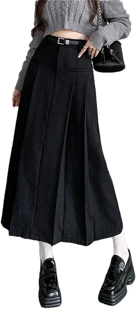 Women Solid Pleated Long Skirts with Belted Korean High Waist A-Line Skirts
