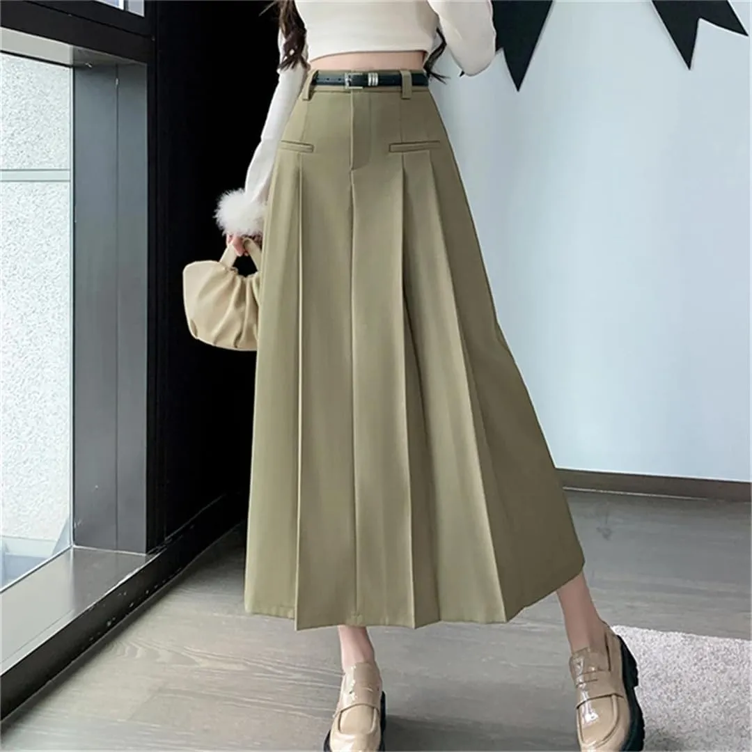 Women Solid Pleated Long Skirts with Belted Korean High Waist A-Line Skirts