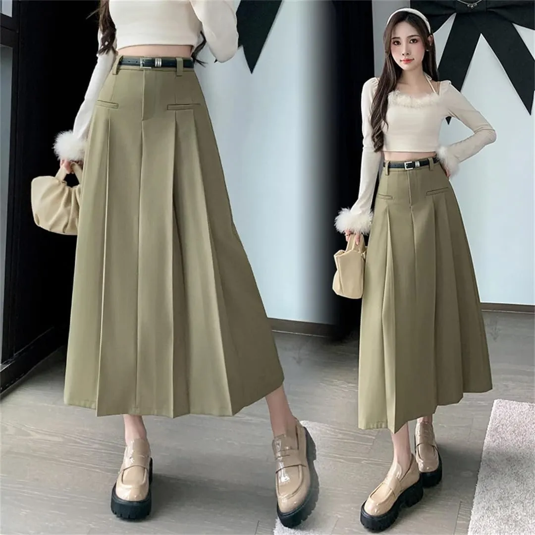 Women Solid Pleated Long Skirts with Belted Korean High Waist A-Line Skirts