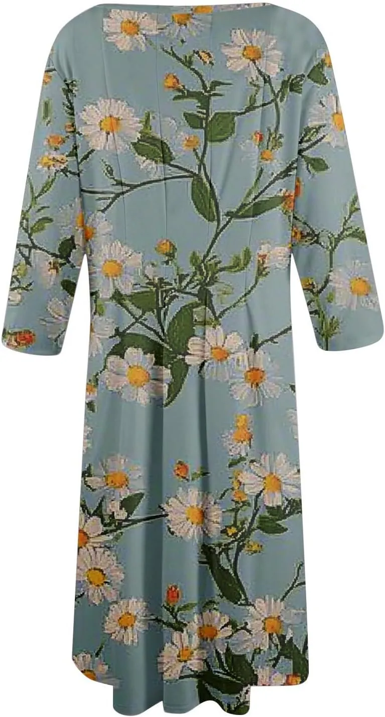 Women Spring Dresses Crewneck 3/4 Sleeve Midi Dresses Floral A Line Dress Summer Flowy Beach Dresses with Pocket
