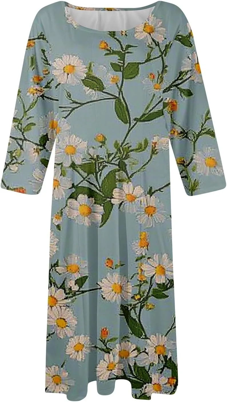 Women Spring Dresses Crewneck 3/4 Sleeve Midi Dresses Floral A Line Dress Summer Flowy Beach Dresses with Pocket