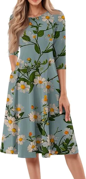 Women Spring Dresses Crewneck 3/4 Sleeve Midi Dresses Floral A Line Dress Summer Flowy Beach Dresses with Pocket