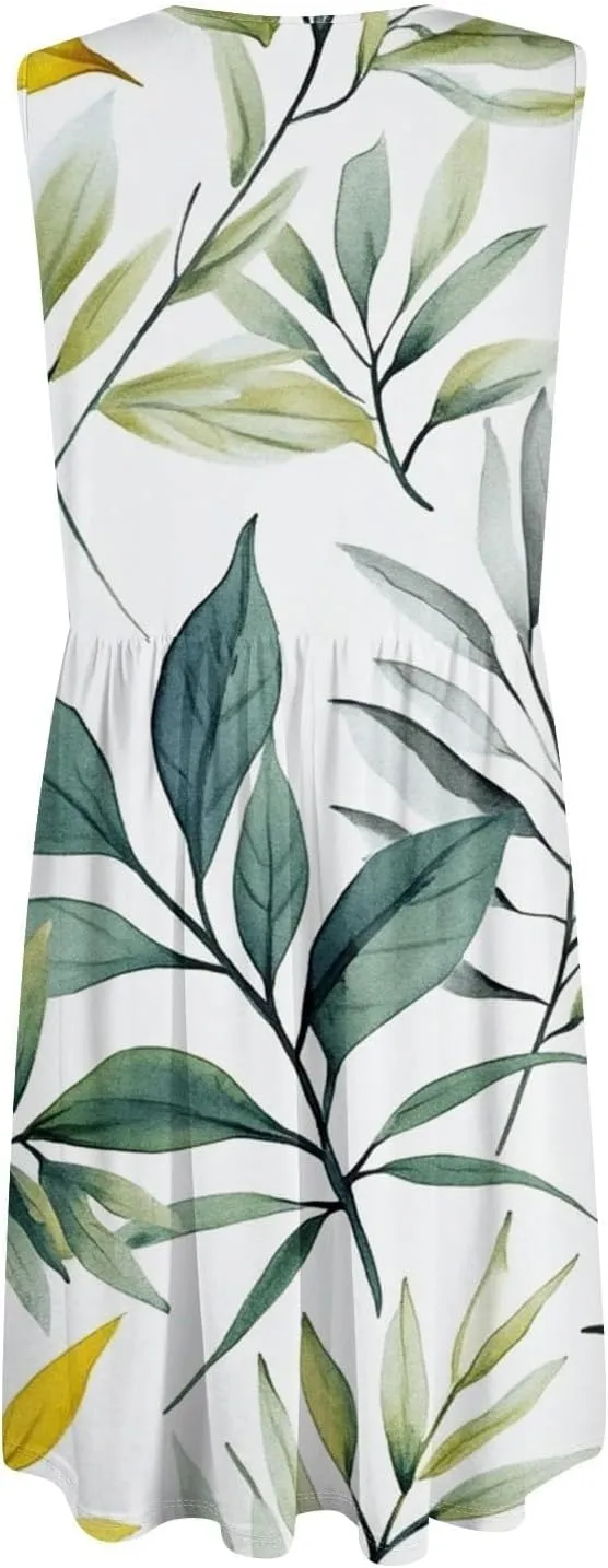Women Summer Dresses Sleeveless Casual Loose Swing Button Down Midi Dress with Pockets Wedding Guest Dress
