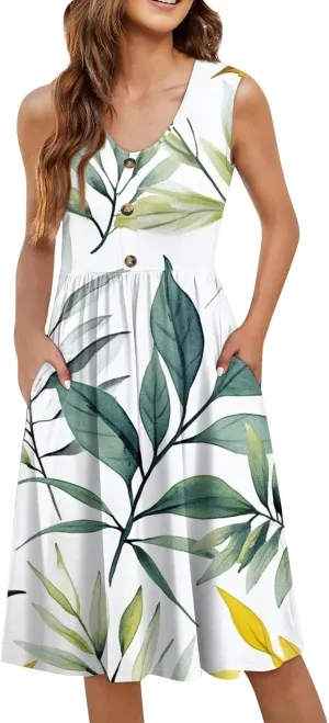 Women Summer Dresses Sleeveless Casual Loose Swing Button Down Midi Dress with Pockets Wedding Guest Dress