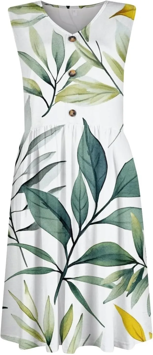 Women Summer Dresses Sleeveless Casual Loose Swing Button Down Midi Dress with Pockets Wedding Guest Dress